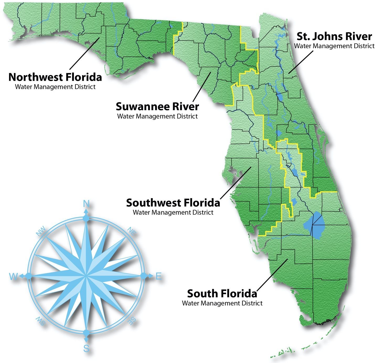An image of Florida showing the five water management districts.