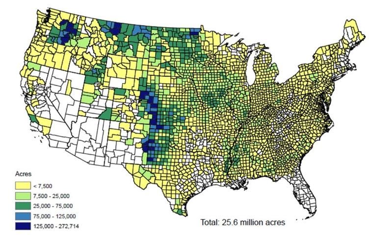 Figure 1. Map of CRP enrollment in US counties, November 2013 [Source: USDA (2014)]