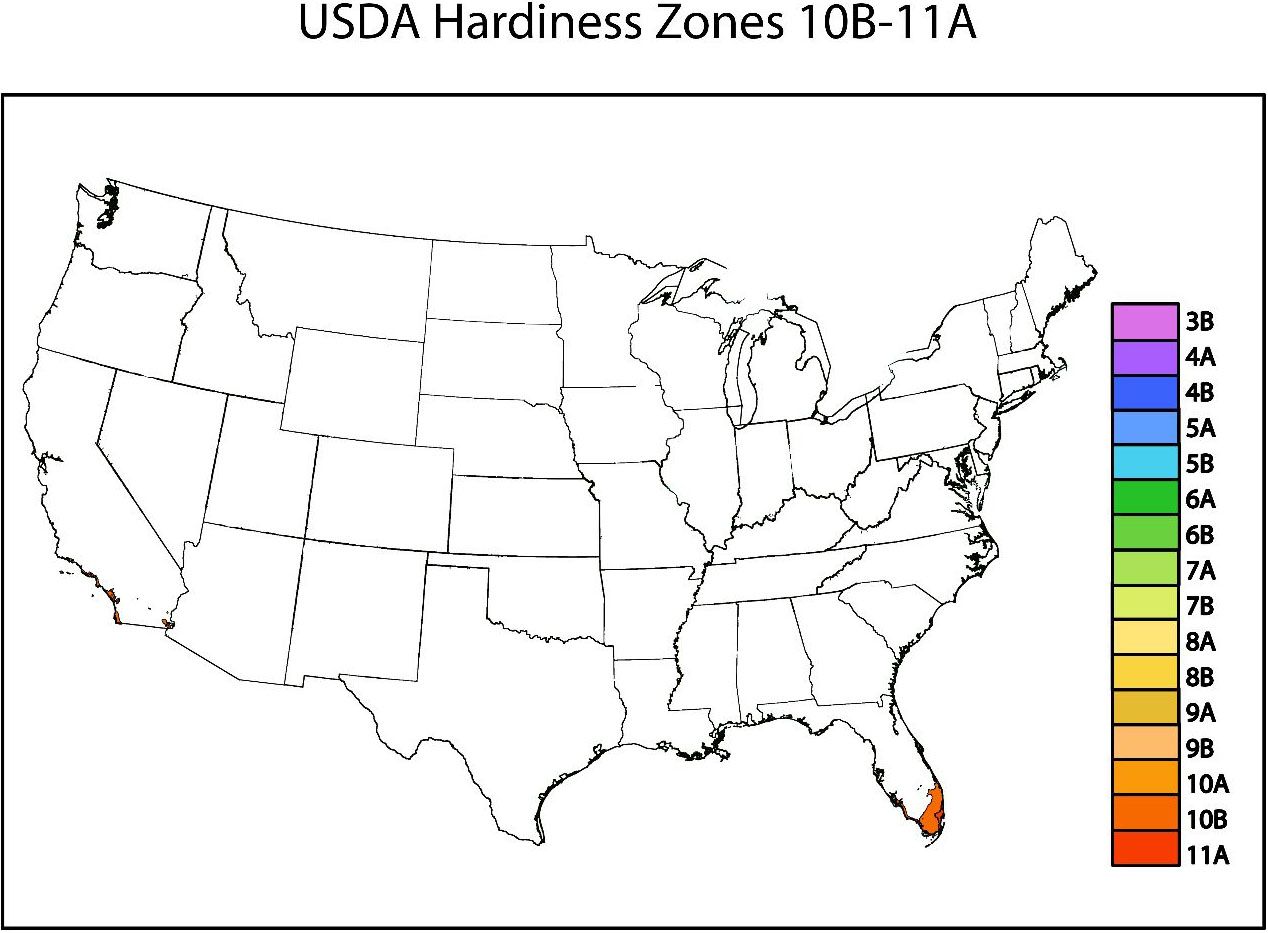 Shaded area represents potential planting zone—USDA Hardiness Zones 10B–11A; 11B within planting zone but not pictured on map.