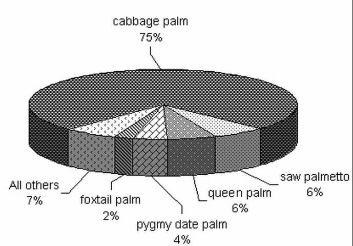 Relative abundance (%) of the top five palm species based on the total number of palm trees.