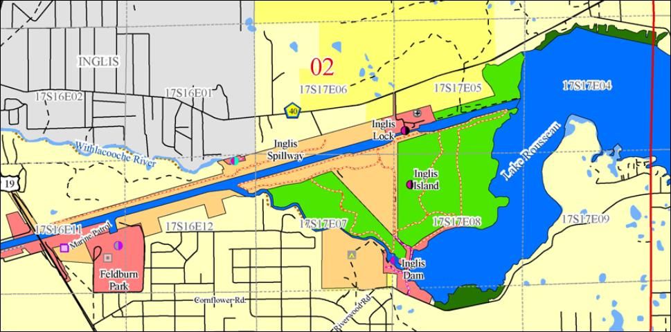 Figure 3. Example of Recreation Zones for the Inglis Island recreation area of the Cross Florida Greenway, Florida. The pink, orange, light green, and dark green areas represent different types of recreation opportunities in the recreation area (from Clark and Stein, 2003).