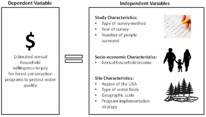 Figure 1. Conceptual model of a meta-analysis model used to determine the statistical relationship among independent variables and the dependent variable (willingness-to-pay).