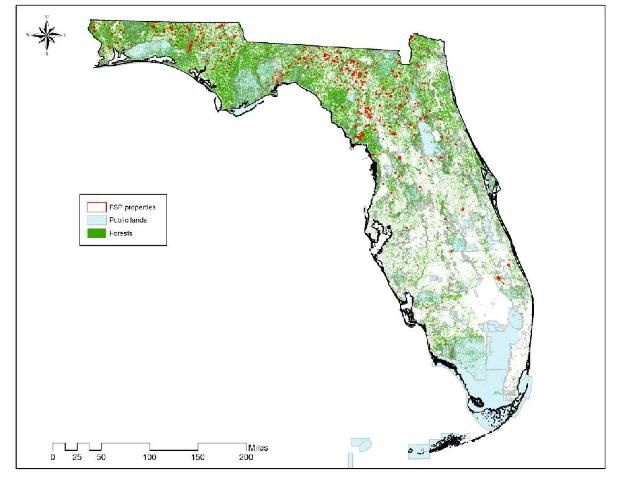 Figure 1. Location of Public and Forest Stewardship Program (FSP) Forests in Florida.