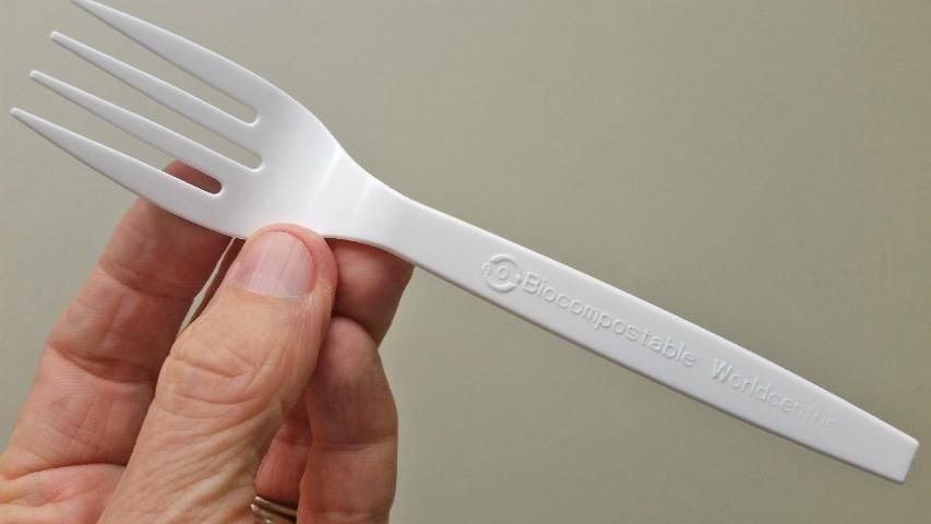 Figure 1. Although labeled as biocompostable, this fork, which is PLA plastic, cannot be composted in a home compost setting. It also cannot be recycled.