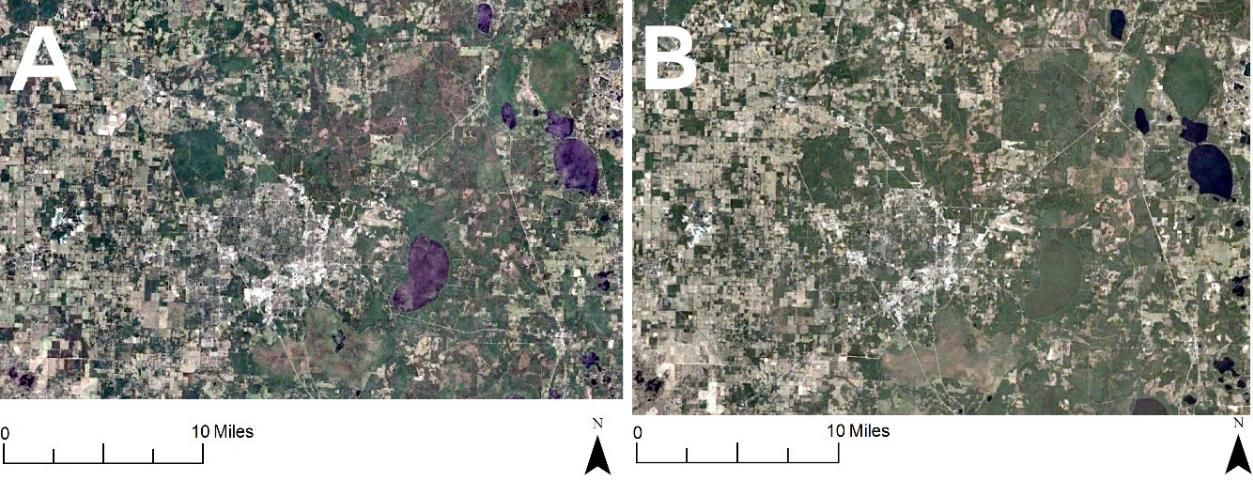 Figure 2. Satellite image of Alachua County, Florida, in (A) 1984 and (B) 2016 revealing land-use change. Quantification of this change with the naked eye would be difficult.