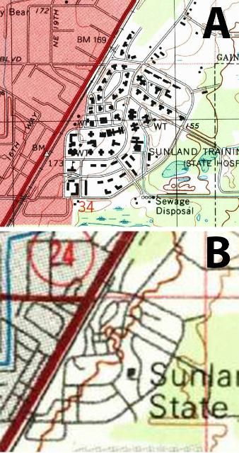Figure 2. Detail of A) 1:24,000 and B) 1:100,000 topographic map for the Gainesville area.