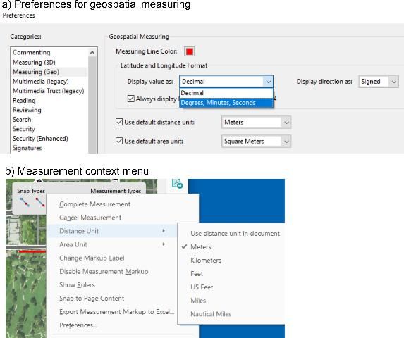 Figure 5. Readout preferences and measurement context menu for geospatial measuring.