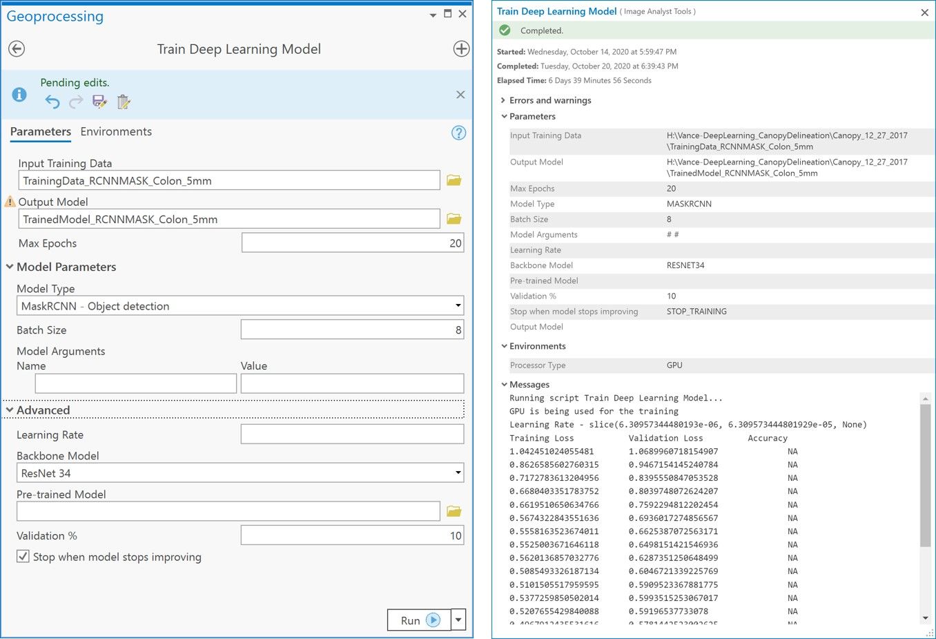 Input to the ArcGIS Pro “Train Deep Learning Model” tool. Left: screen snapshot showing input parameters; Right: messages produced by the tool while training the Mask RCNN model showing training and validation losses for each epoch.