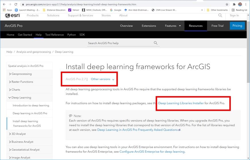 ArcGIS Pro deep learning framework installation information. 