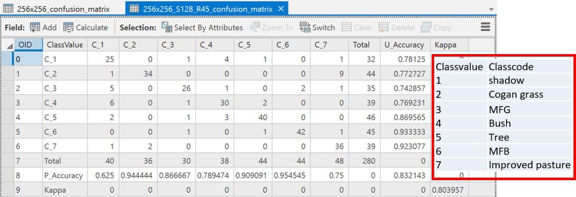 Accuracy assessment confusion matrix and accuracy metrics.