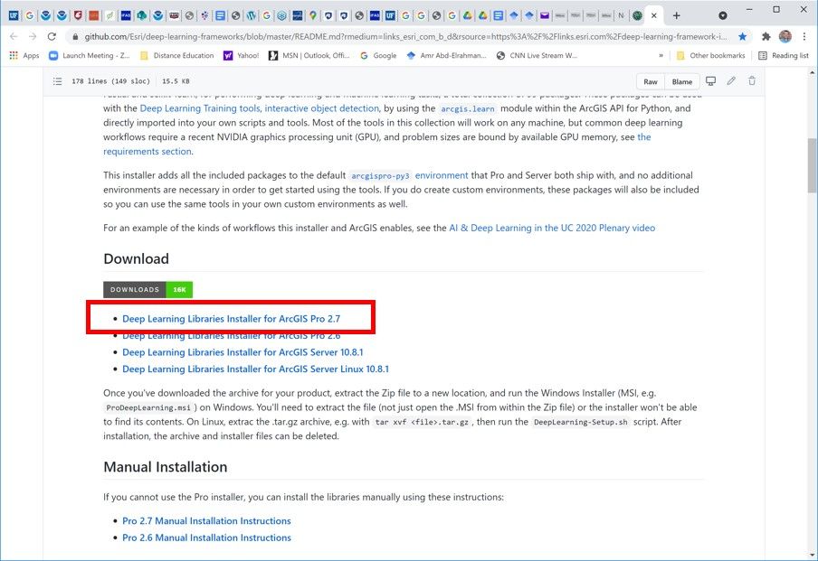 Link to download the ArcGIS Pro deep learning framework installation package.