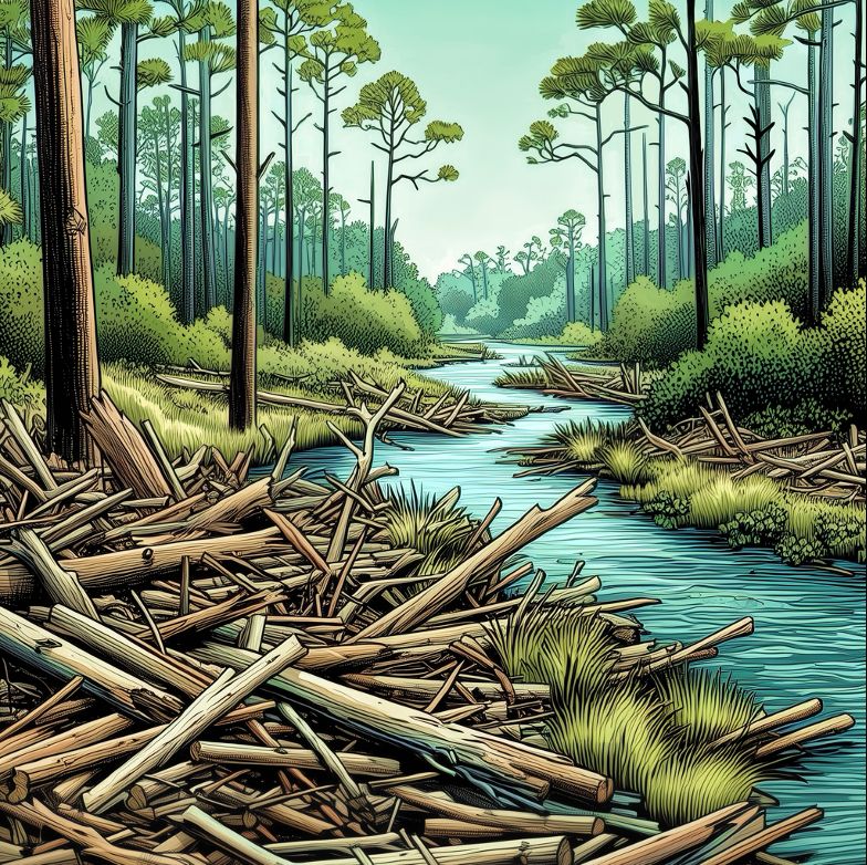 An illustration of a forested area with a meandering stream flowing through it. Tall pines stand on both sides of the stream interspersed with shorter shrubs and grasses near the stream banks. In the foreground and scattered around the banks are piles of logs and branches. The landscape extends into the distance, where the stream continues to weave through the forest.