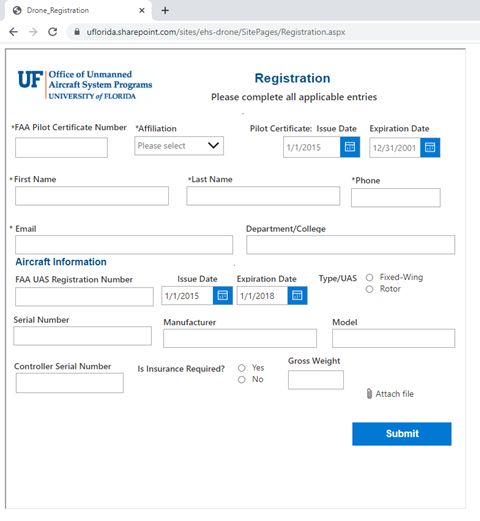 Screenshot of drone registration form from the University of Florida's Office of Unmanned Aircraft System Programs.