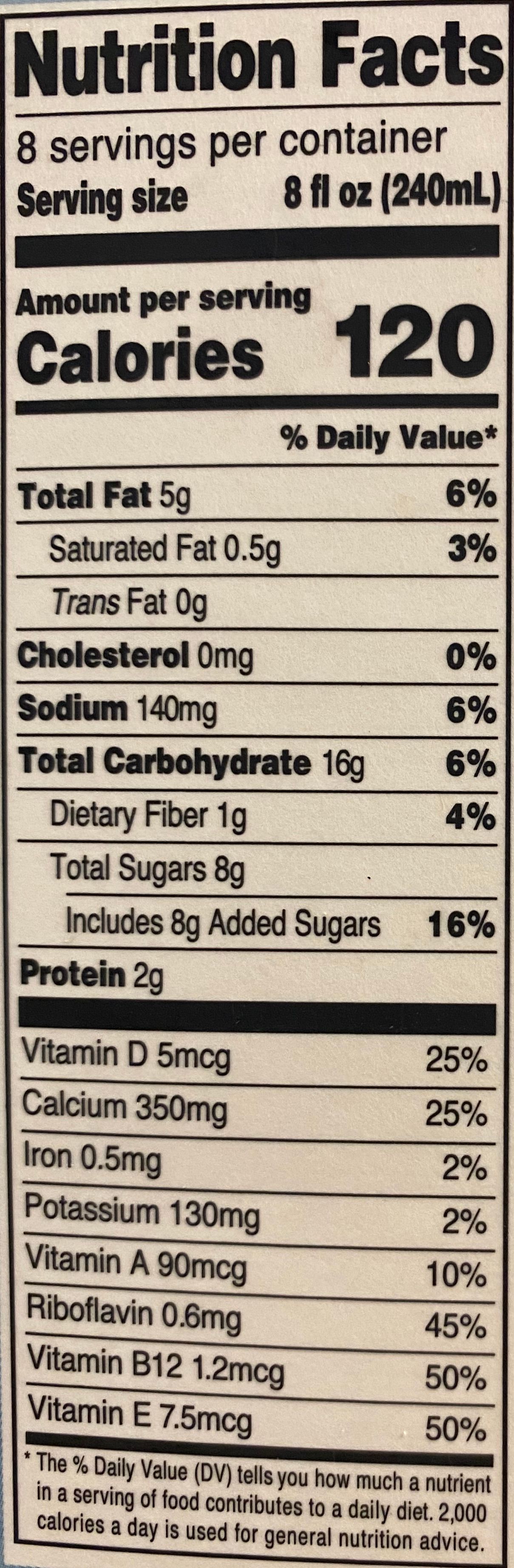Nutrition Facts panel for oat milk