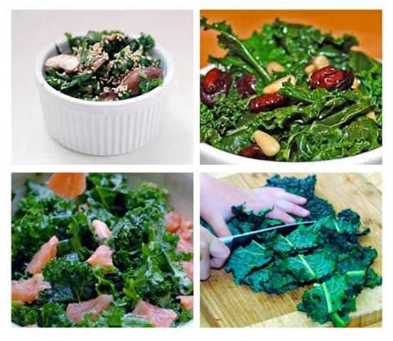 Figure 2. Clockwise from left: raw kale shitake salad, kale with cranberries, preparing fresh kale for later use, kale salad with grapefruit.