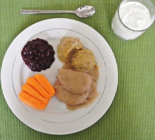 Figure 4. Roasted turkey with gravy served with sides of stuffing, baby carrots, and blueberries (all purées), and a white-chocolate cream for dessert.