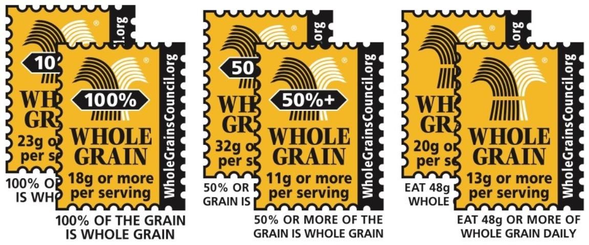 Figura 2. Sellos que indican los gramos mínimos de granos enteros por porción. El sello 100% Whole Grain contiene el 100% de sus granos como granos integrales (a partir de 16 g de granos integrales por porción o más). El sello 50% Whole Grain contiene la mitad de sus granos como granos integrales (a partir de 8 g de granos integrales por porción o más). El sello básico 