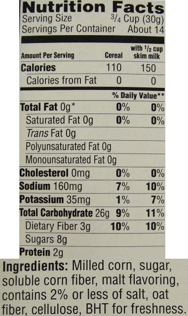 Figura 3. Datos nutricionales y lista de ingredientes de cereales para el desayuno con una buena fuente de fibra dado que se añadió fibra.