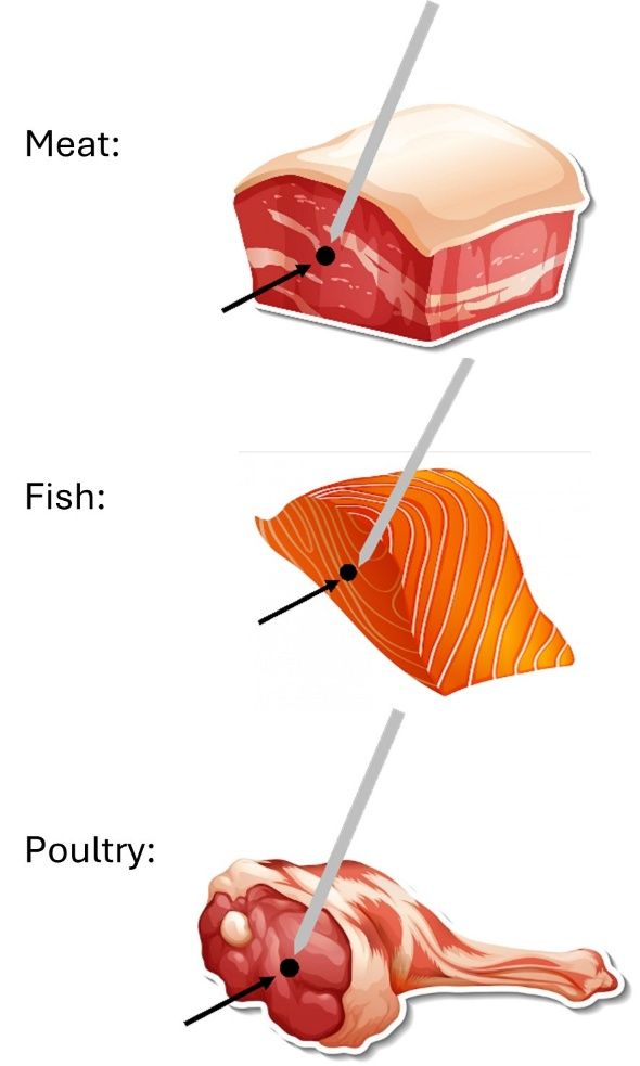 Diagram showing how one should place the thermometer in meat, fish, and poultry through the top at the thickest part and stopping at the center.