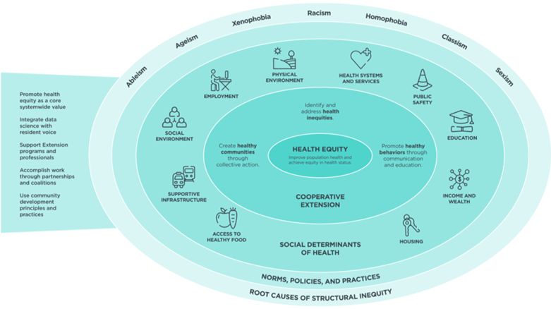 Graphic with varying shades of blue, illustrating each component of Cooperative Extension's National Framework for Health Equity and Well-Being.