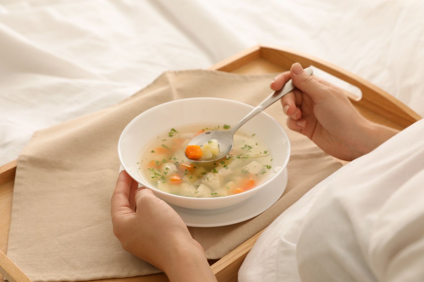 It's important to eat when you are sick, even when you don't feel much like eating. Broth and other liquids often are better choices than solid food.