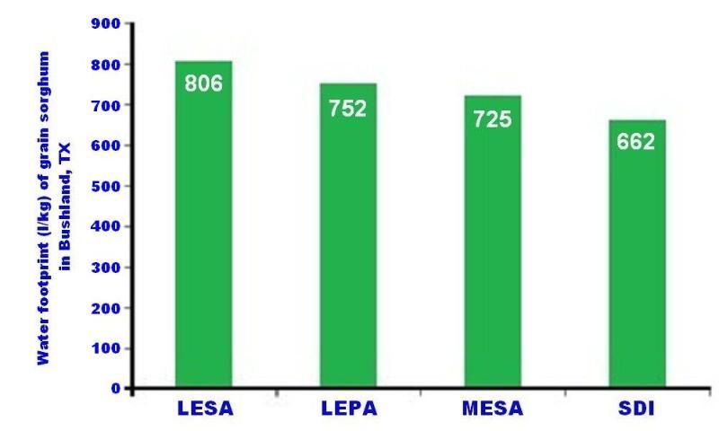 Significantly lower water footprints for sorghum under SDI compared to sprinkler irrigation were observed during 2000–2002 seasons in Bushland, Texas (Colaizzi et al. 2004).
