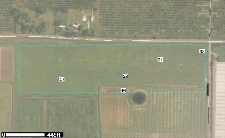 Figure 3. Soil map of perennial pasture area in Hillsborough County, Florida. Total area 26.6 acres. Legend: 29—Myakka fine sand 6.7 acres (25.%); 33—Ona fine sand 0.3 acres (1.1%); 46—St. Johns fine sand 0.7 acres (2.5%); 47—Seffner fine sand 4.0 acres (15%); 61—Zolfo fine sand 14.9 acres (56.2%).