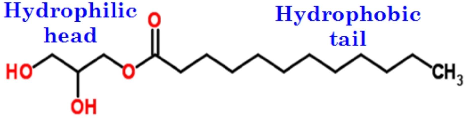 Figure 6. Chemical structure of a nonionic surfactant, monolaurin, also known as glycerol monolaurate. Its chemical formula is C15H30O4. This surfactant has an 11-carbon hydrophobic tail and one non-charged multiple alcohol hydrophilic head.