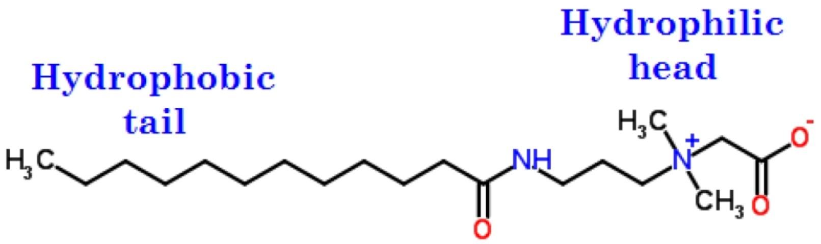 Figure 5. Chemical structure of an amphoteric surfactant, cocamidopropyl betaine (CAPB). Its chemical formula is C19H38N2O3. This surfactant has an 11-carbon hydrophobic tail and a positively charged nitrogen and a dissociated carboxylated hydrophilic head.