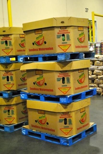 Figure 3. Corrugated fiberboard bulk bins are sometimes used to ship less perishable crops like potatoes or, as shown here, watermelons.