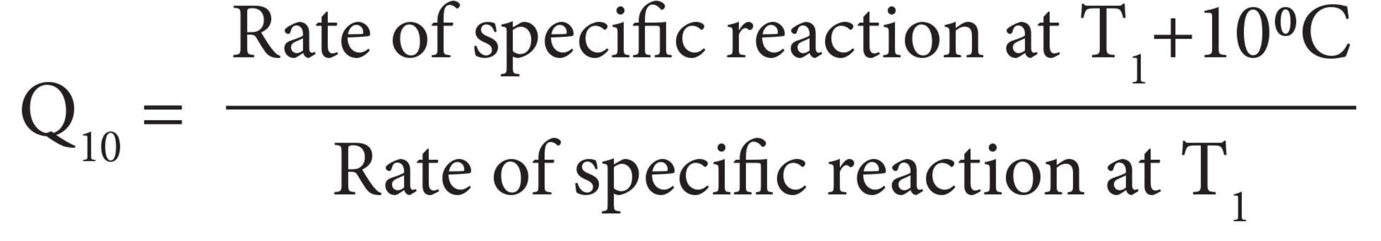 Q sub 10 equals rate of specific reaction at T sub 1  plus 10 degrees Celsius over rate of specific reaction at T sub 1