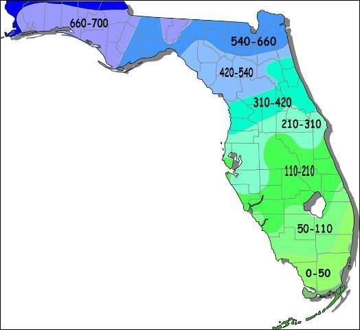 Historical chilling hour accumulation in the state of Florida. 