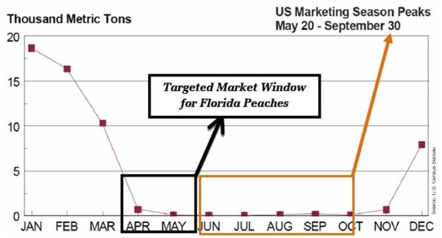 Figure 1. Annual volume of US peach imports, mainly from Chile, the main US peach marketing season, and the target market window for Florida-grown peaches.