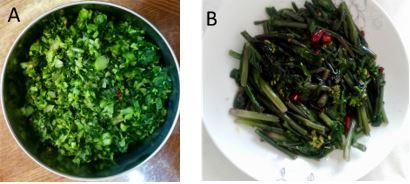 Figure 3. Cooked choy sum. A) Flowered choy sum chopped into pieces and stir-fried with dried chili pepper. Credit: Yi Wang; B) Purple choy sum chopped and stir-fried with garlic and Sichuan peppercorns.