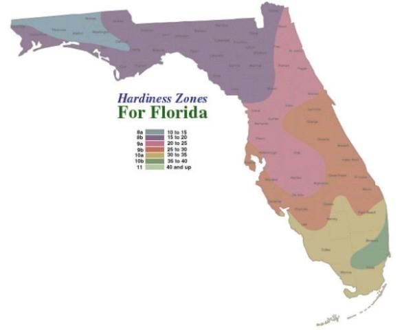 Figure 2. The 1990 USDA Plant Hardiness Zone Map for Florida (available at: http://www.floridagardener.com/misc/zones.htm.)