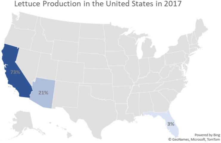 Figure 1. Percentage based on production of lettuce planted in California, Arizona, and Florida in the United States according to the USDA Census of Agriculture in 2017. Source: https://www.nass.usda.gov/