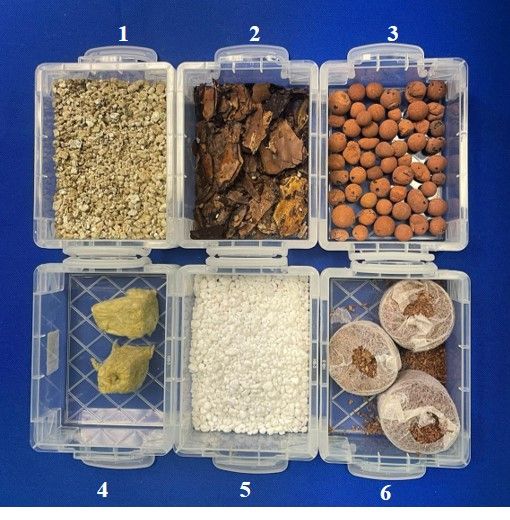 Ejemplos de sustratos ideales para sistemas hidropónicos a pequeña escala. Vermiculita (1), Corteza de pino compostada (2), LECA (3), Lana de roca (4), Perlita (5), y Fibra de Coco (6).
