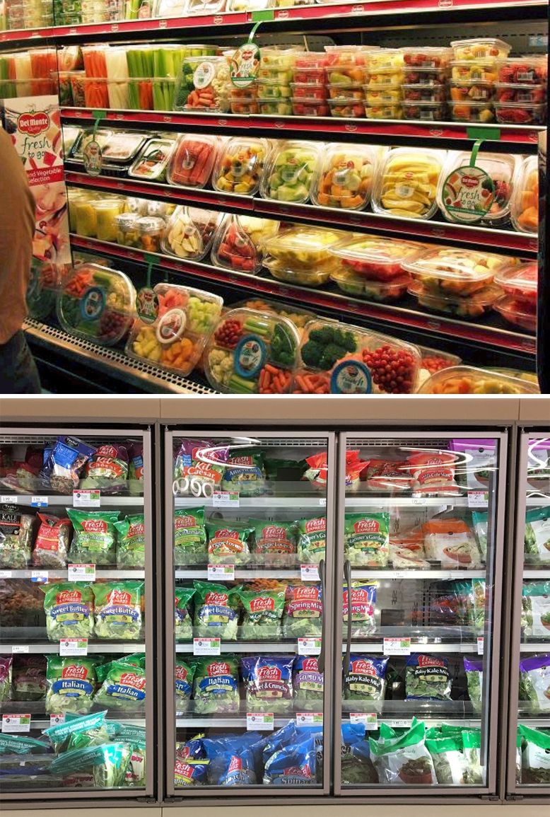 Open (above) and closed (below) refrigerated display cases. 