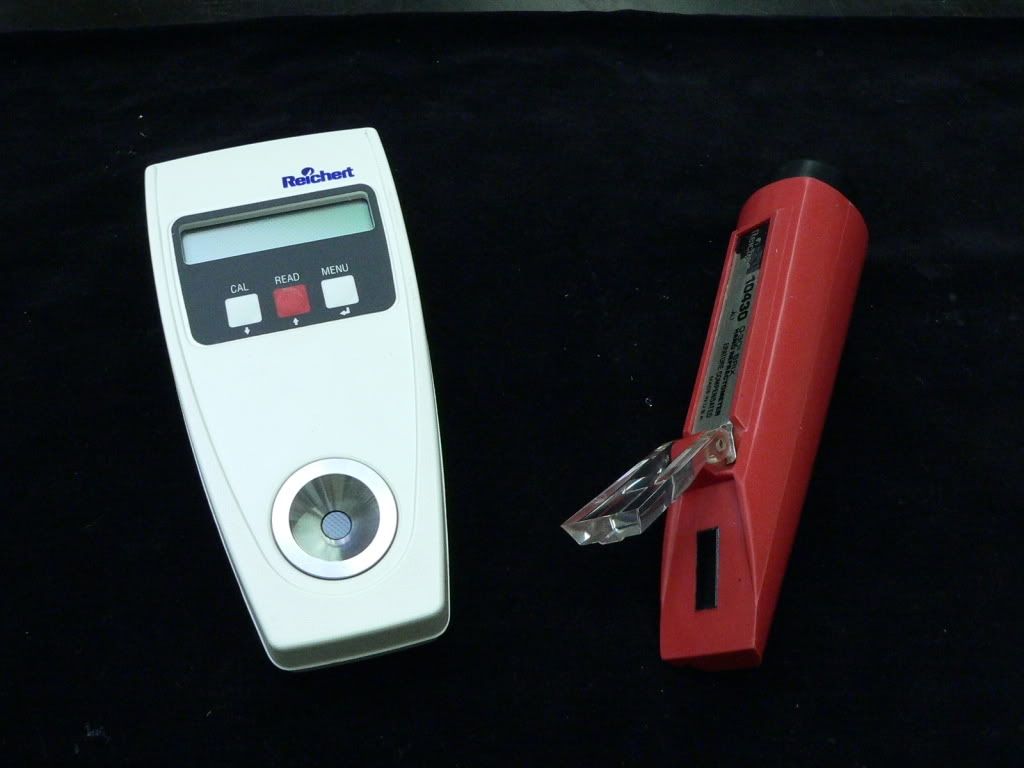 Handheld digital scale (left) and visual scale (right) refractometers. 