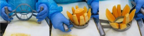 De-pitting and slicing of mangos by hand with a specialized instrument. 