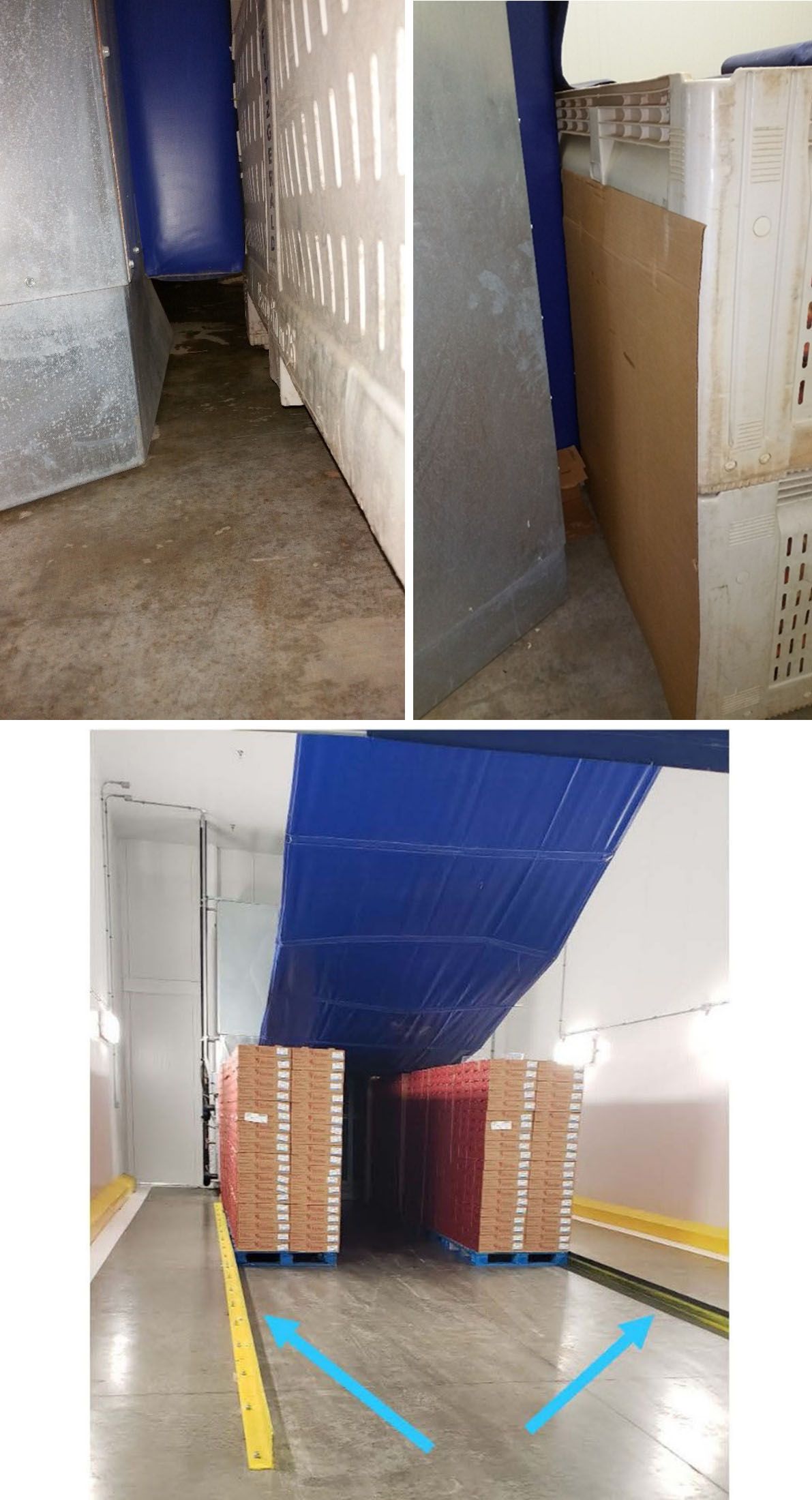 Side view at the front of a forced-air cooling tunnel showing: (top left) openings under blue foam pad and at the base of the white adjoining bin; and (top right) these openings blocked with corrugated sheets to improve cooling efficiency. In the bottom image, the fixed angle irons serve to align the pallets as well as block airflow underneath the pallets. 