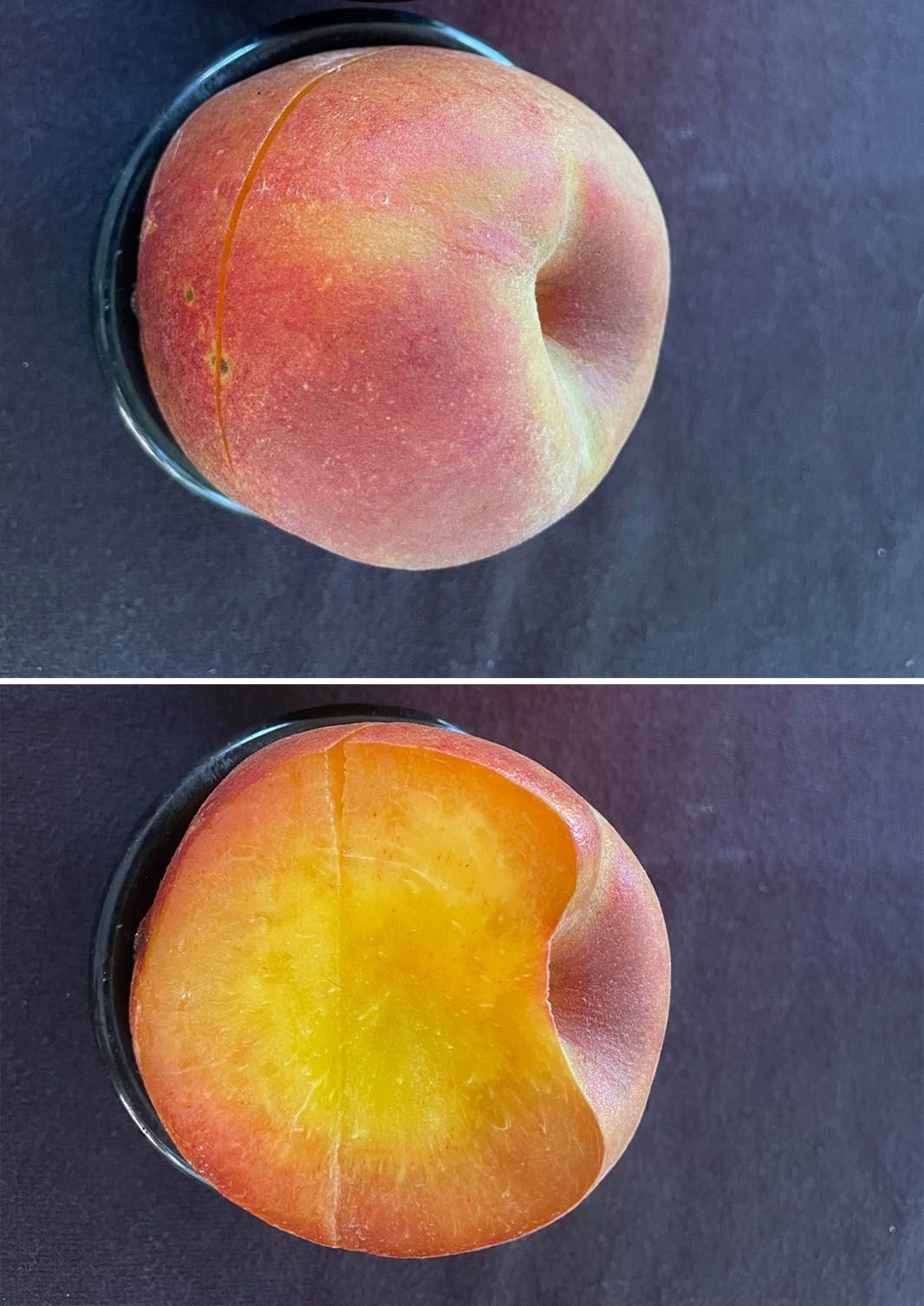 External surface scald (top) and internal flesh browning (bottom) are symptoms of heat injury.