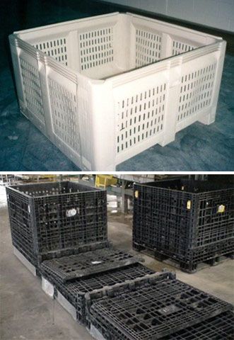 Top, plastic field bin. Bottom, plastic bins that can be collapsed to conserve space during transport and storage between uses. 