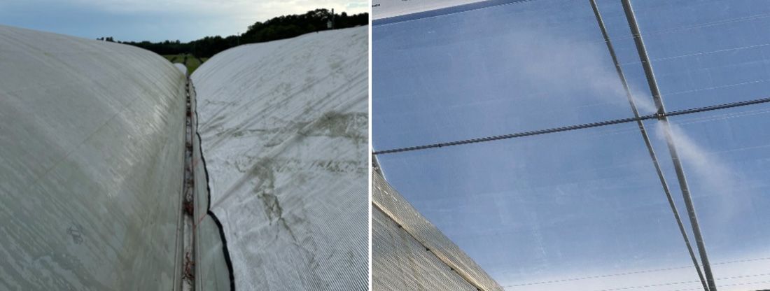 Shade cloth applied over the high tunnel to help alleviate summer heat for tomato production (left) and a greenhouse fogging system (right) used to cool air in a commercial greenhouse.