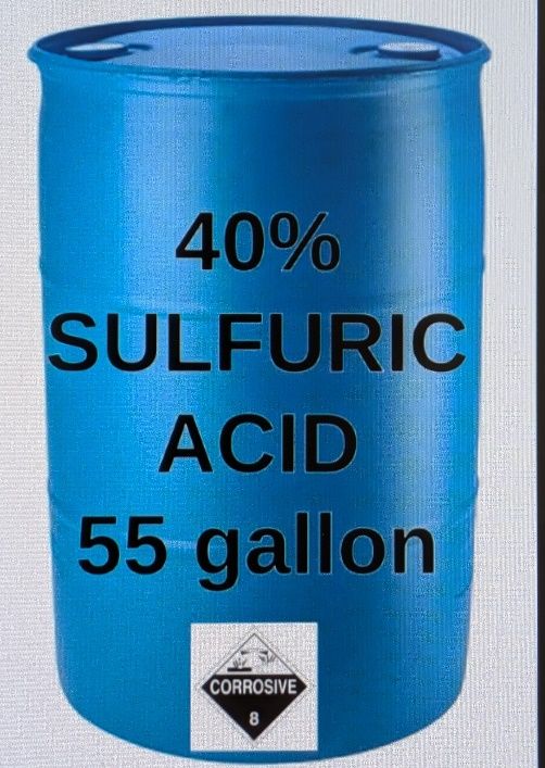 This image depicts a drum of 40% sulfuric acid. 