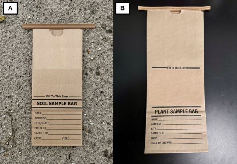 A close-up of a paper bag for each soil and plant sampling, including space for the grower to fill out their name and site information.