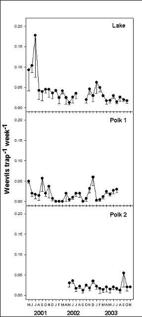 Figure 1. Numbers of Diaprepes abbreviatus collected per trap each week during 31 months in three citrus orchards on the central ridge of Florida. Weekly data for each month were averaged to better illustrate seasonal patterns. Error bars are standard errors of the mean.
