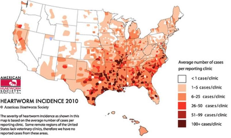 Figure 14. Incidence and distribution of heartworm in U.S.