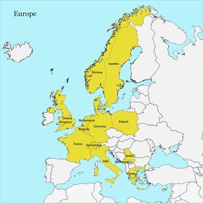 Figure 2. European countries are marked in yellow if they have documented presence of the chicken mite, Dermanyssus gallinae (De Geer).