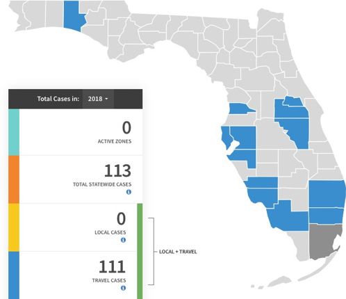 Figure 1. Florida counties that have reported Zika cases in 2018 highlighted in blue (travel-related cases only) or dark gray (travel plus undetermined cases.